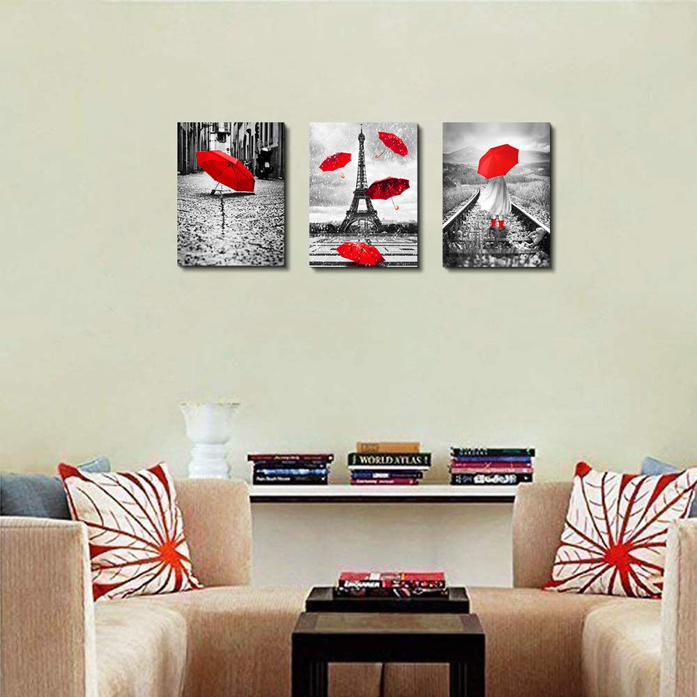 Black and white landscape Eiffel Tower 3 Piece Wall Bathroom Decorations Kitchen Wall decor modern red umbrella