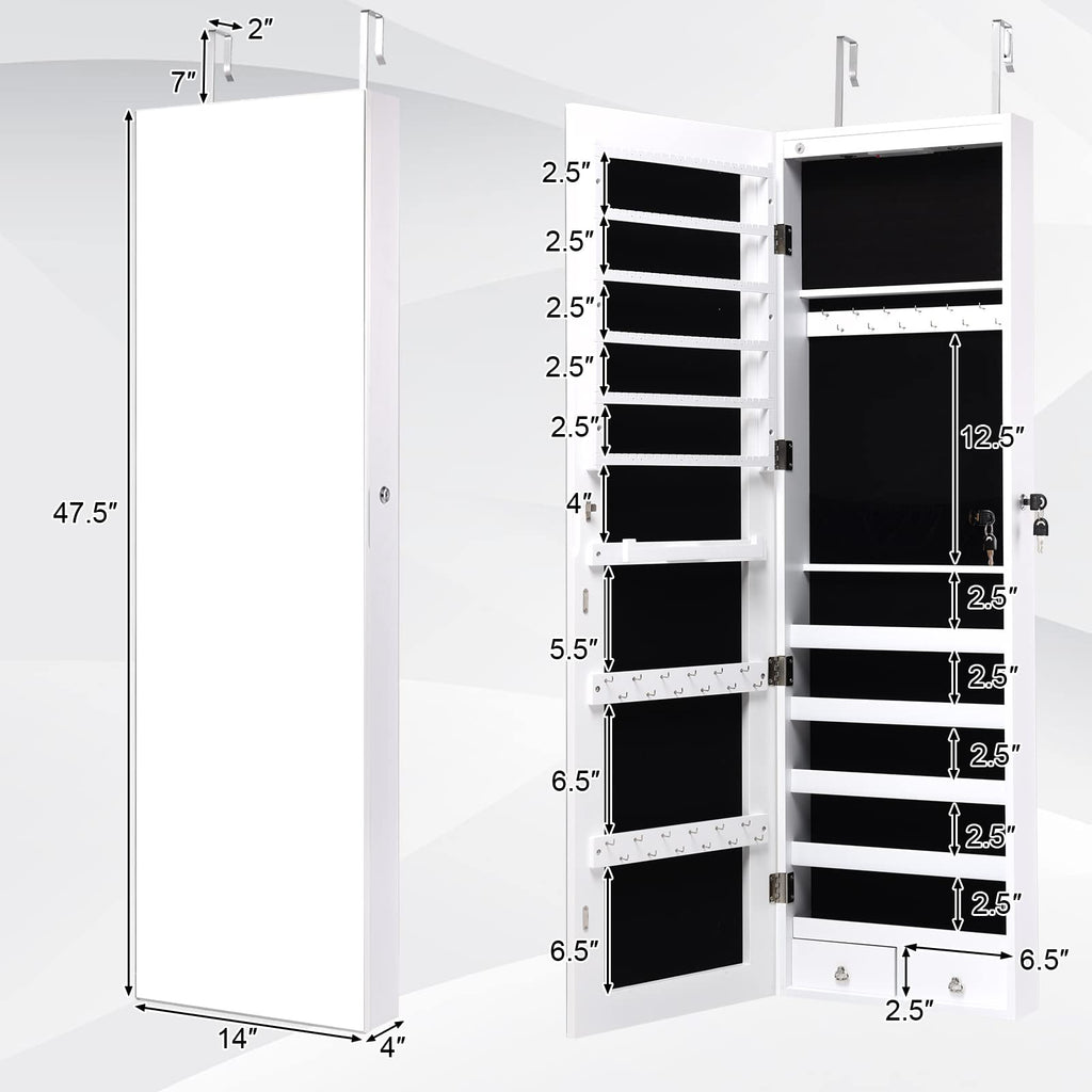 Wall Mounted Jewelry Armoire with Full Length Mirror & 2 LED Lights, Large Storage Capacity, Lockable Mirror Jewelry