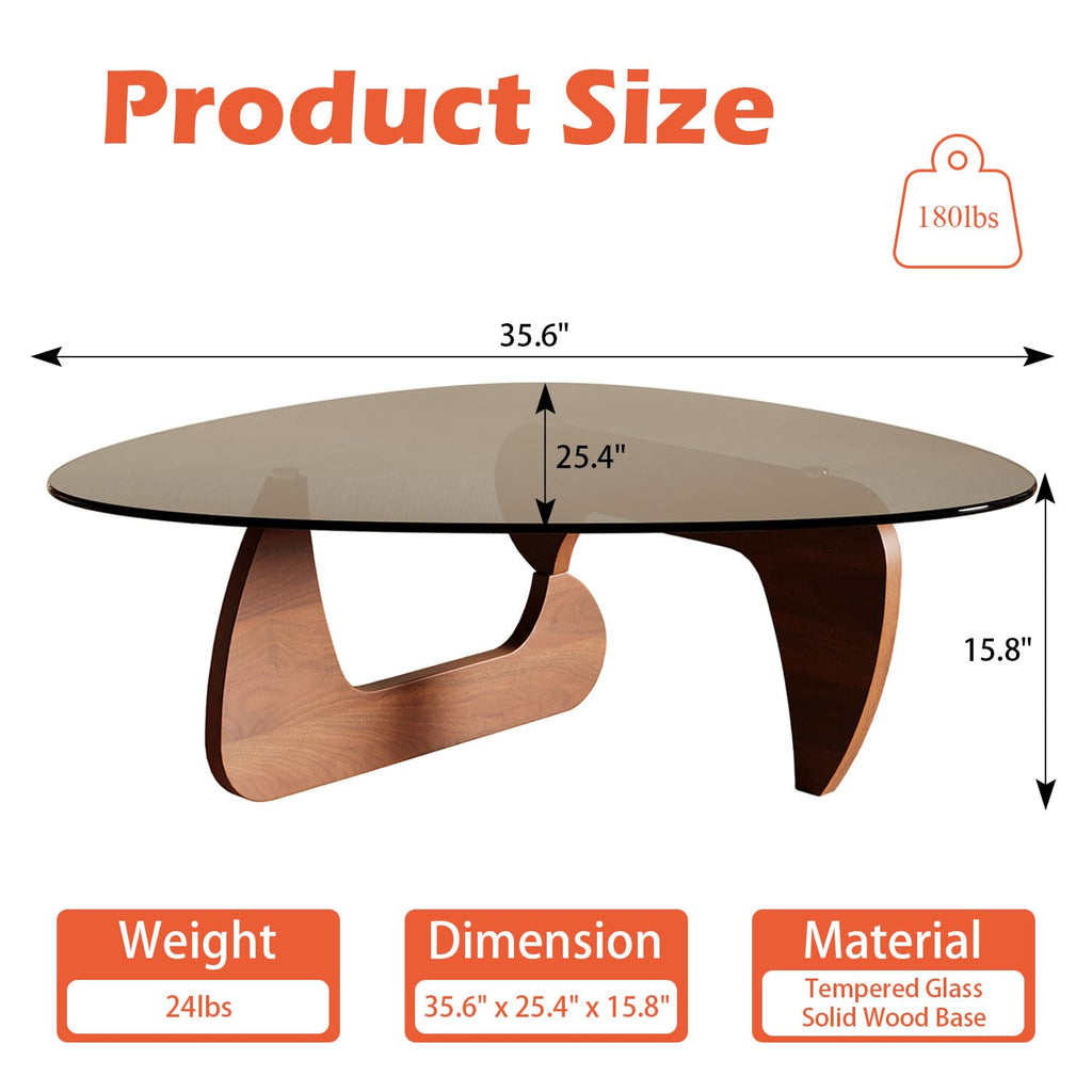 Modern Coffee Table and Small Spaces, 35.6" x 25.4" x 15.8" Triangle Tempered Glass Table Top and Solid Wood Base