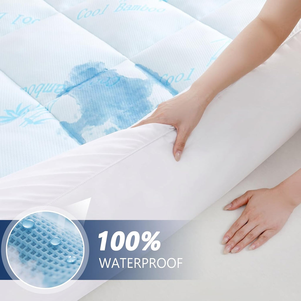 100% Waterproof Queen Mattress Topper, Viscose Derived from Bamboo | Cooling Pillow Top Memory Foam Mattress Topper