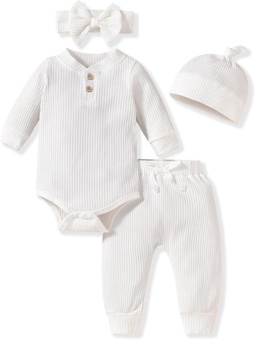 Gender Neutral Long Sleeve Baby Ribbed Outfit with Hat & Headband