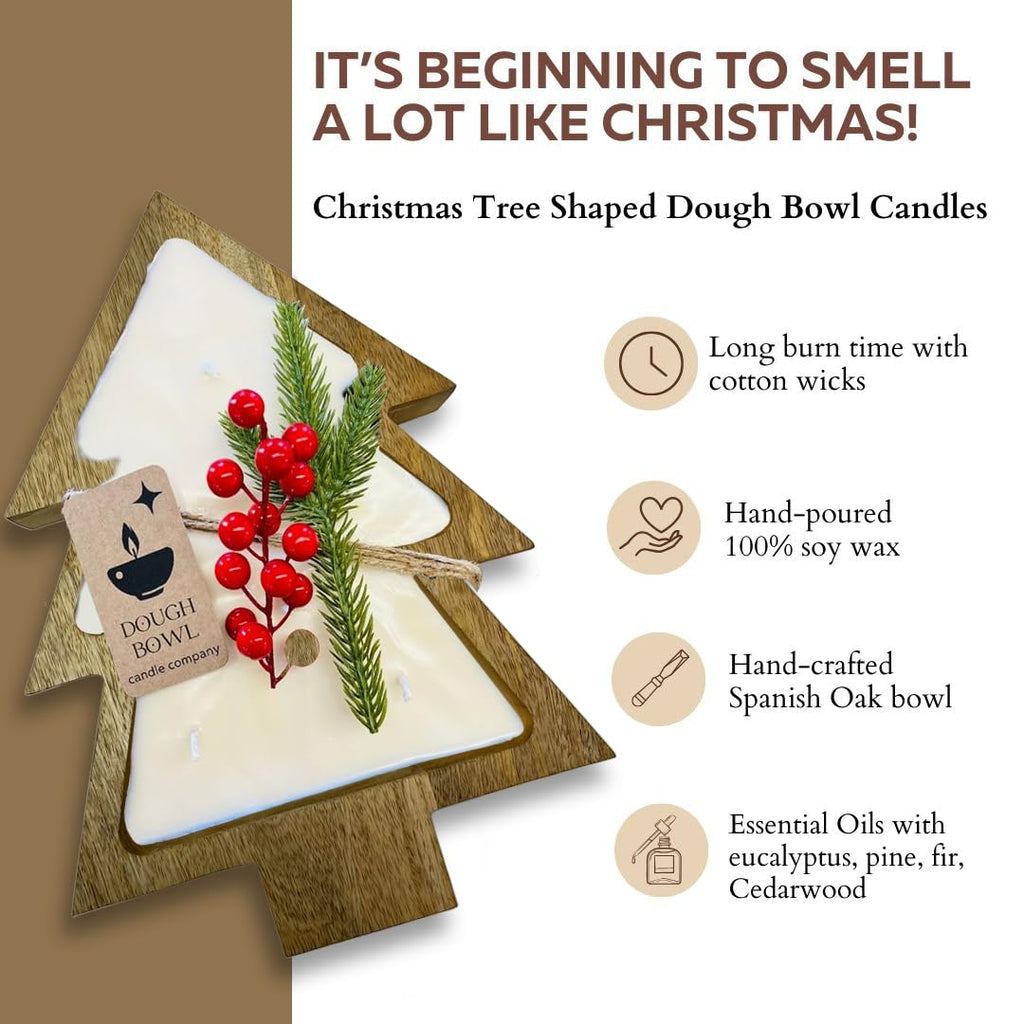 Christmas Tree Candle -11x7x2 Inch Brown Wooden Bowl in Christmas Tree Shape, 100% Soy Wax Scented Candles in