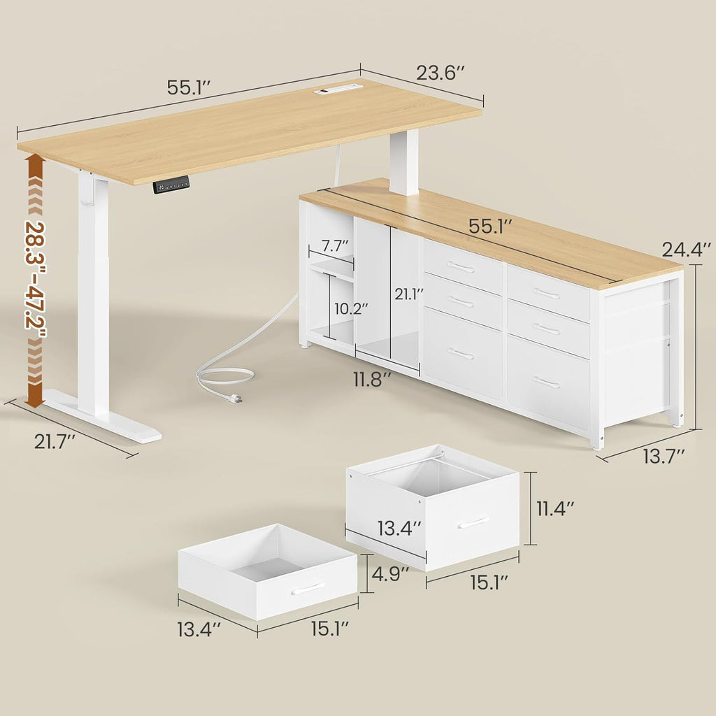 L Shaped Electric Standing Desk, 55" x 55" Height Adjustable Office Executive Desk with 6 Fabric Drawers and Storage