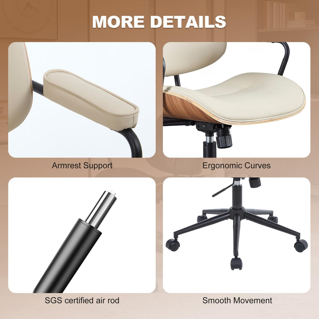 Mid Century Modern Office Chair with Armrest and Adjustable Backrest, Beige
