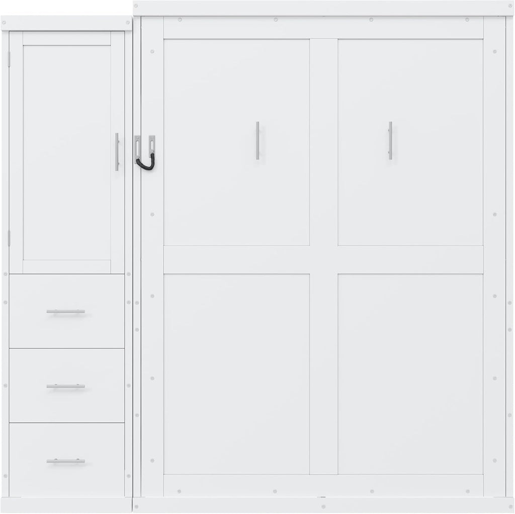 Full Murphy Bed with Drawers and Wardrobe,Multifunctional Foldable Wood Platform Bed Frame for Small Spaces Studio