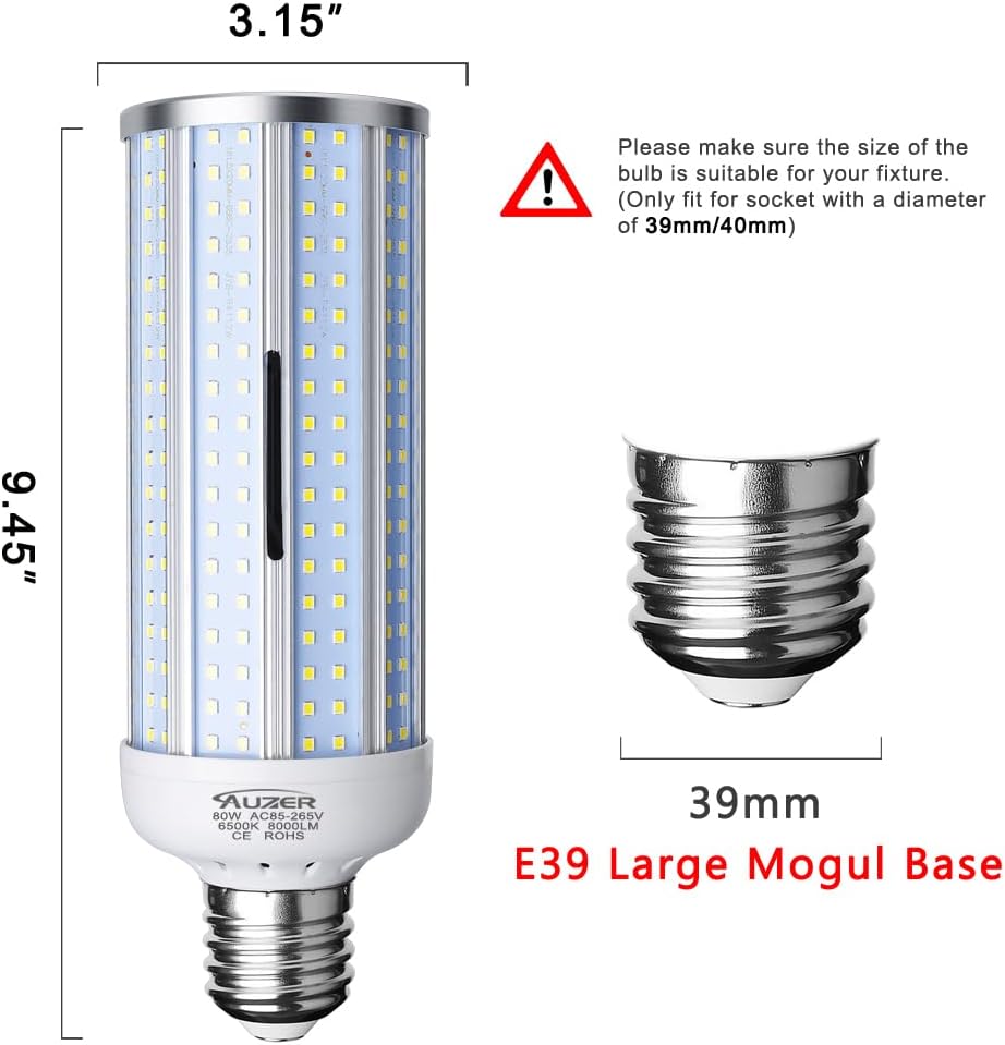 80W LED Corn Light Bulb, Large Mogul E39 Base, 8000-Lumen, 6500K Daylight Cool White, AC 85V-265V, LED Corn Bulb