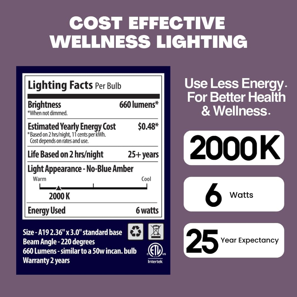 Everyday Sleep Light Bulb - No Blue, Amber LED, 2000K Nighttime Lighting, Dimmable A19 Bulb Promotes Natural