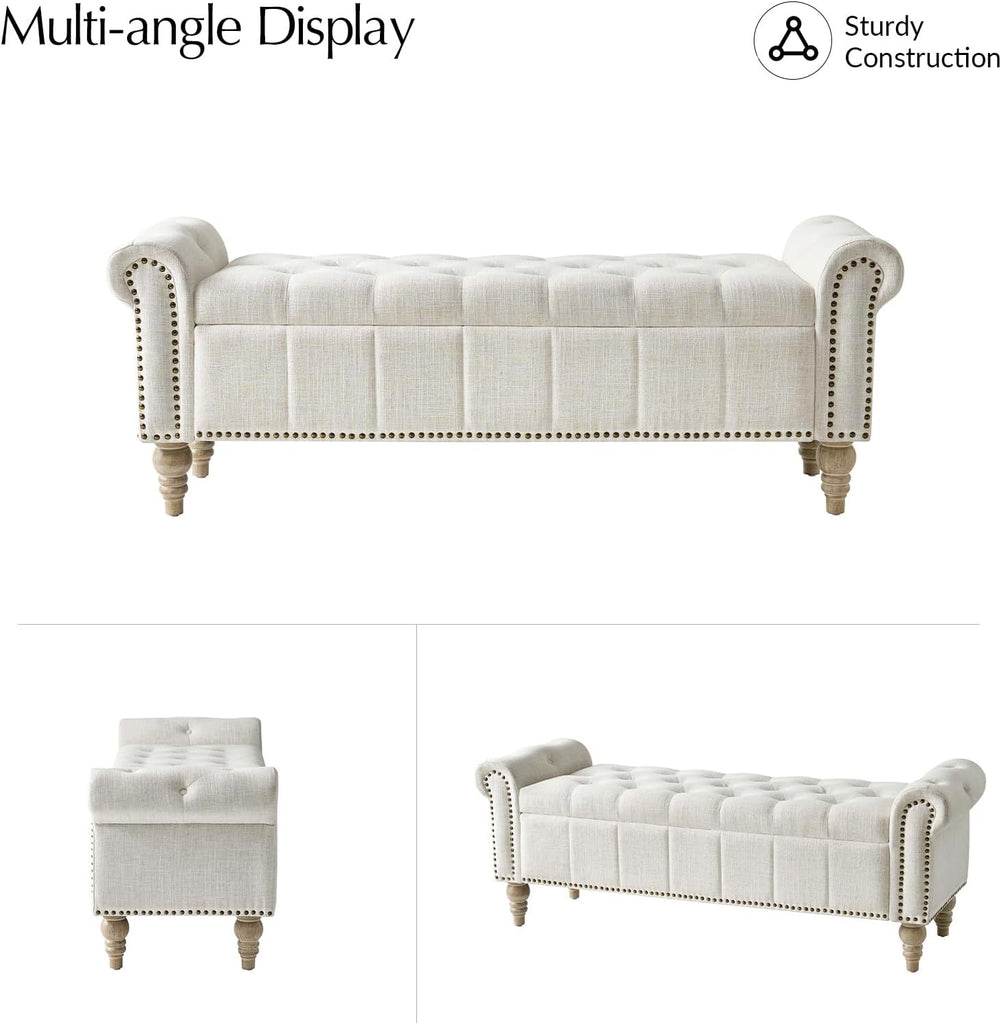 Farmhouse Storage Bench, Ivory | End of Bed Bench with Vintage Button-Tufted Design, Bedroom Bench with Storage