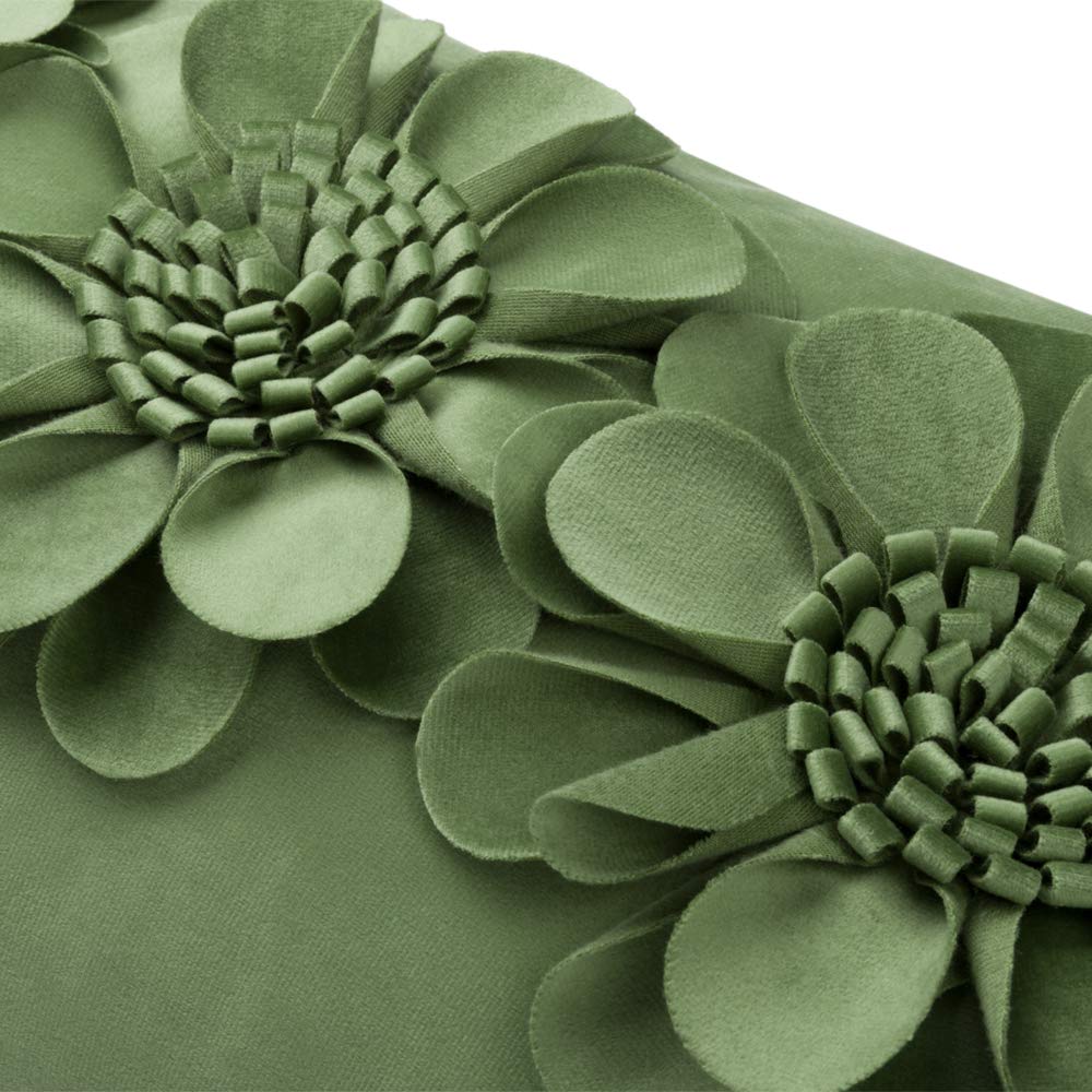 3D Flower Throw Pillow Cover Green Velvet 12x20 Inches