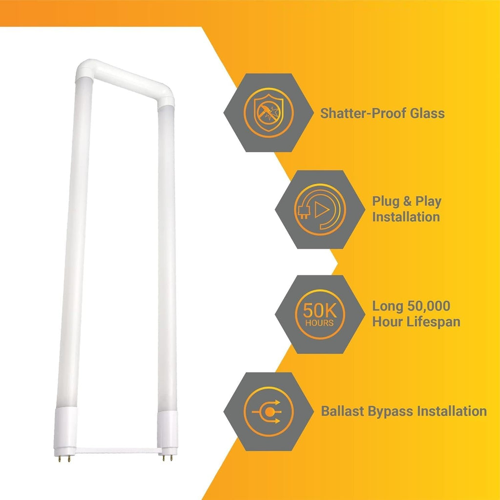 T8 U Bend LED Tube Light Hybrid Type A+B Shatterproof Plug & Play or Ballast Bypass 15W (32W Equivalent) 1900 Lumen