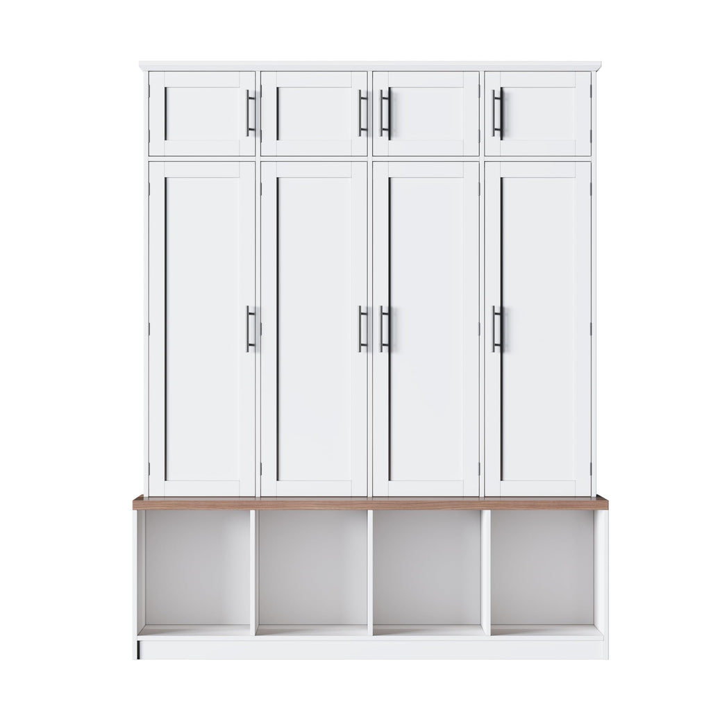 Farmhouse Hall Tree with Bench, 8 Doors & Hidden Hooks, White