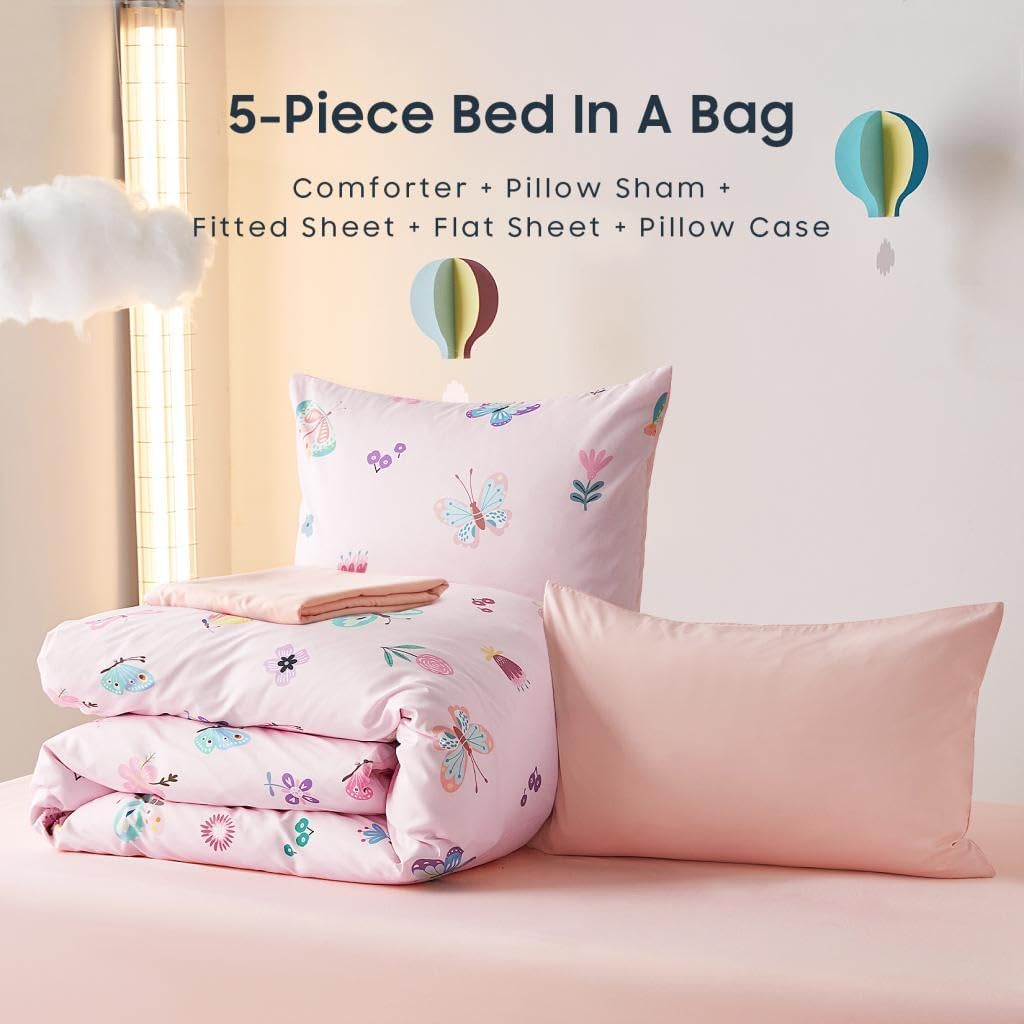 Butterfly Bedding Set for Girls, Cute Colorful Butterfly Flowers Floral Comforter Set with Sheets, 5 Pieces Kids Bed