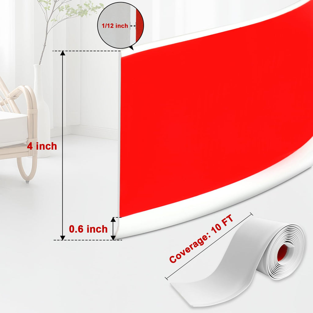 Wall Baseboard Trim 4 Inch x 10 Feet, Flexible Self-Adhesive Rubber Baseboard for Walls, Peel and Stick Wall Molding
