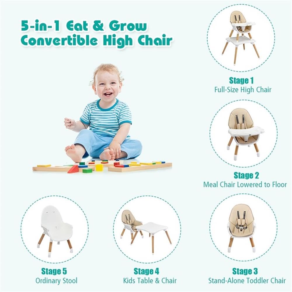 Baby High Chair Infant Convertible Chair 5 Point Seat Belt Khaki