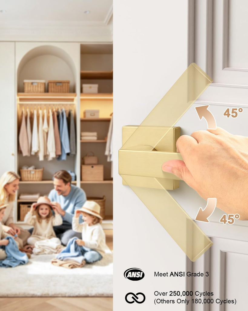 Interior Non-Locking Passage Door Handles 8 Pack, Gold Square Zinc Alloy Door Levers for Closet Hallway