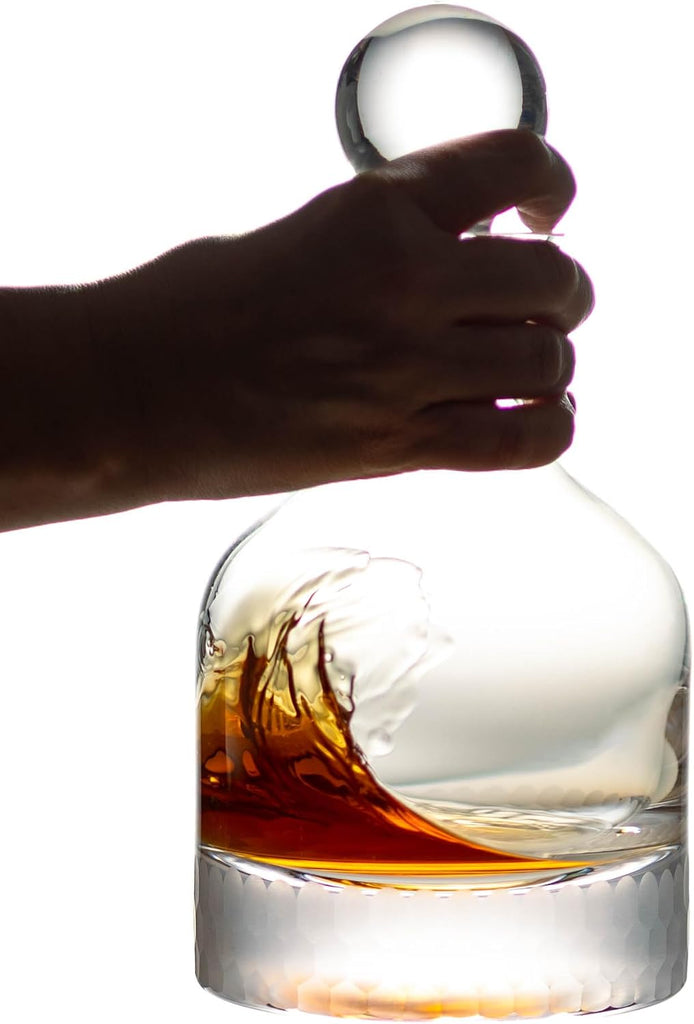 Hive" Handblown Crystal Whiskey Decanter, 34 oz Honeycomb Etched Liquor Carafe with Stopper