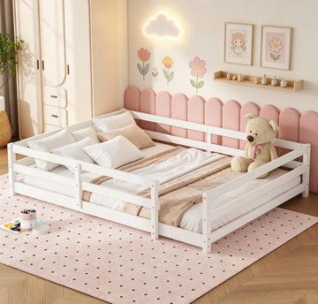 Floor Bed for Kids with High Fence, Wooden Montessori Floor Beds, White no slats
