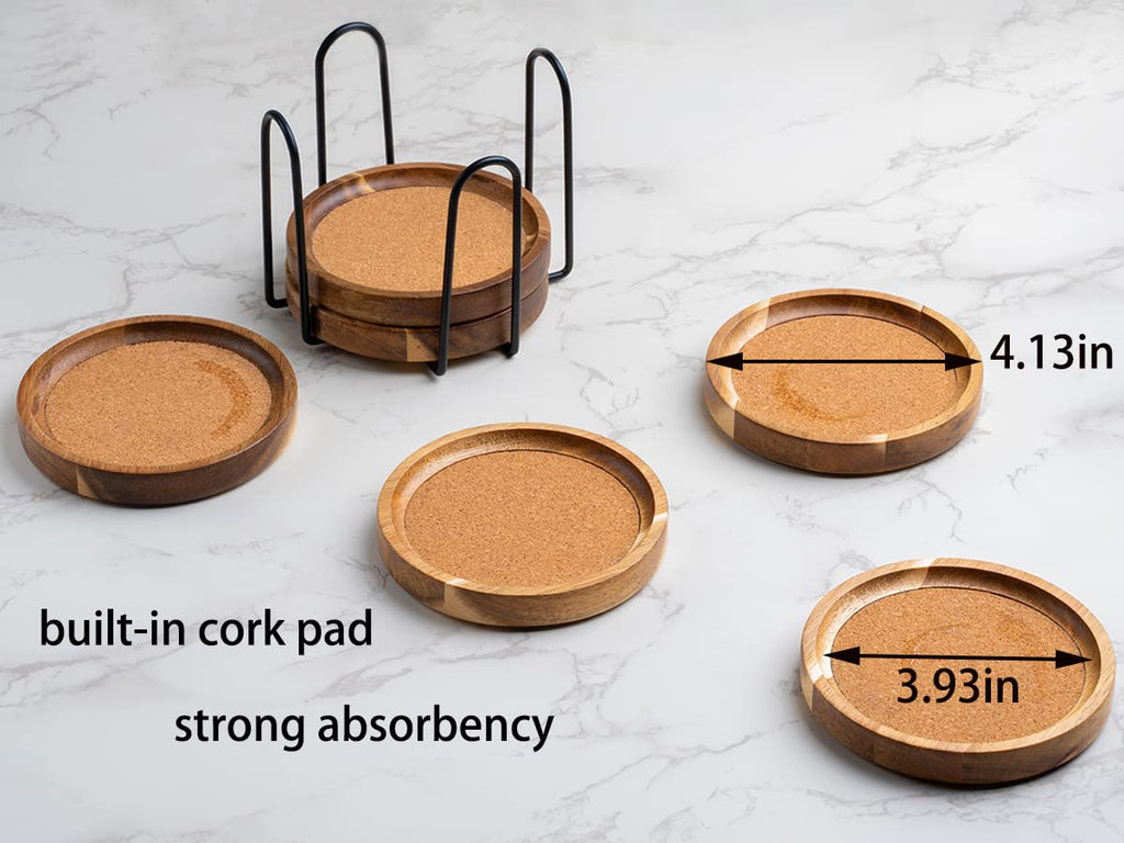 Coasters for Drinks Absorbent with Holder, Acacia Wood Cork Coaster for Coffee Table Wooden Table Coaster for