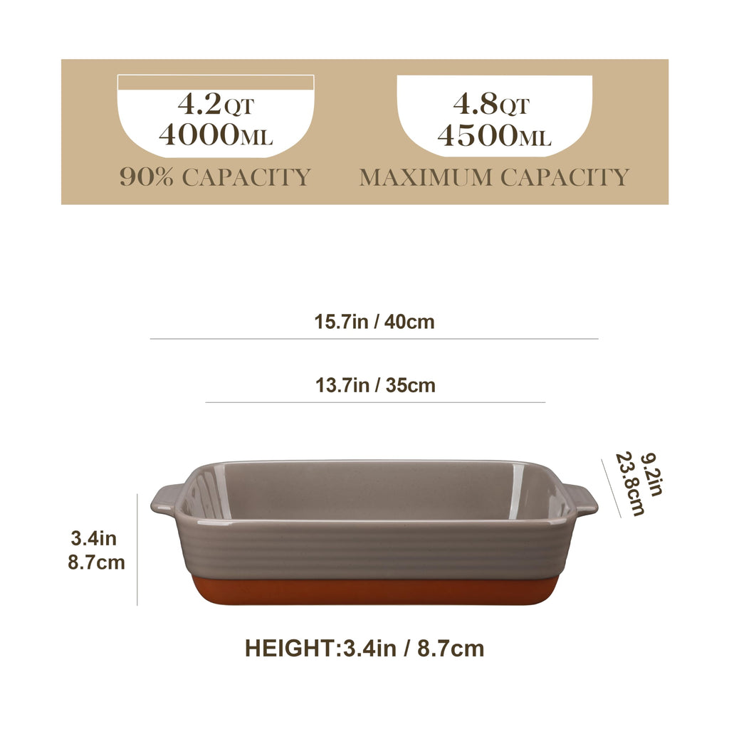 Large 9x13 Ceramic Baking Dish with Handles, 4.8 Qt, Khaki & Brown