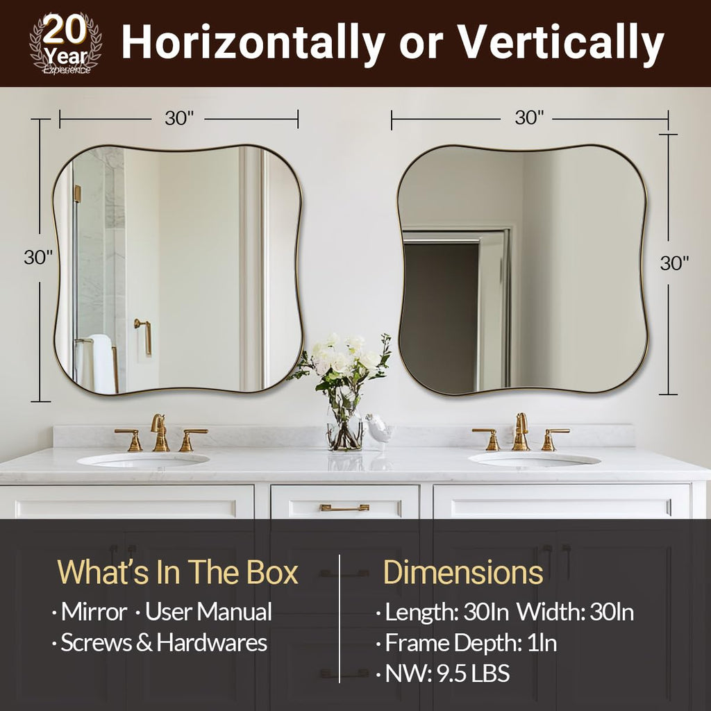 30x30'' Brushed Gold Mirrors for Wall, Irregular Square Mirrors