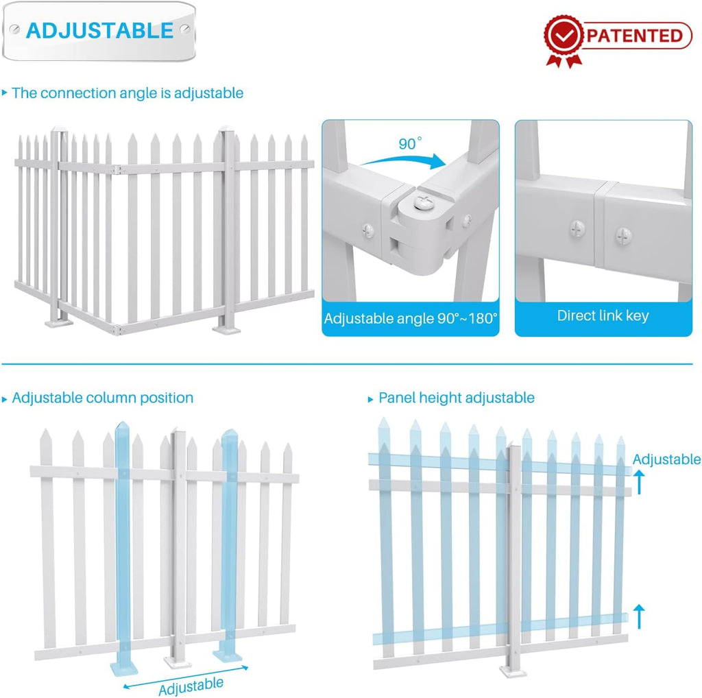 Outdoor Garden Fences 7 Sets- 38.6" H x 84" L White Picket Fence Vinyl Panels PVC Decorative for Front Yard Porch