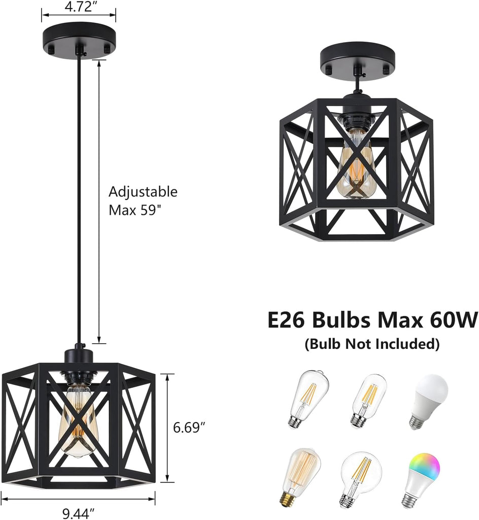 2 Pack Farmhouse Pendant Lights, Modern Black Hanging Light Fixture with Hexagonal Cage, Industrial Metal Ceiling