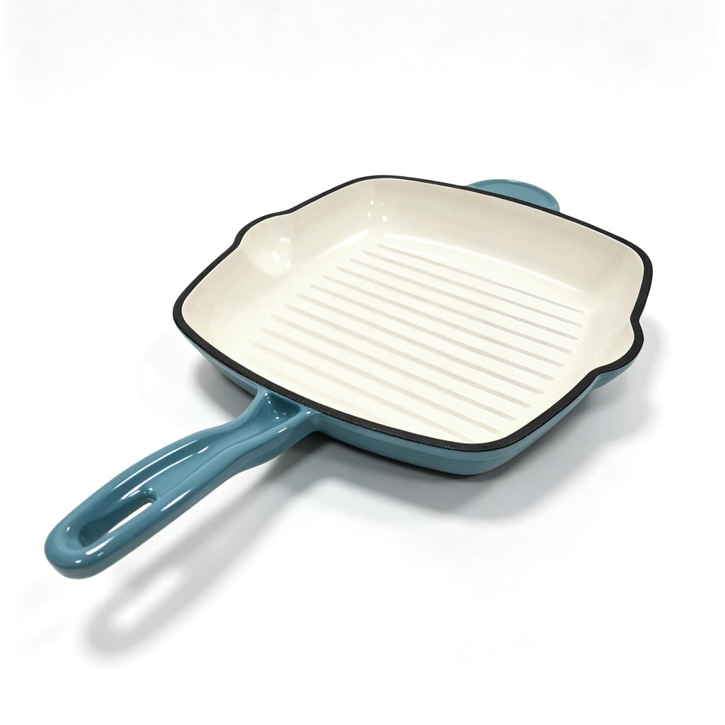 Enameled Cast Iron Steak Grill Pan, Square Skillet with Drip Spout, Oven-Safe & Stovetop Safe (Peacock Blue, 9.5 inch)