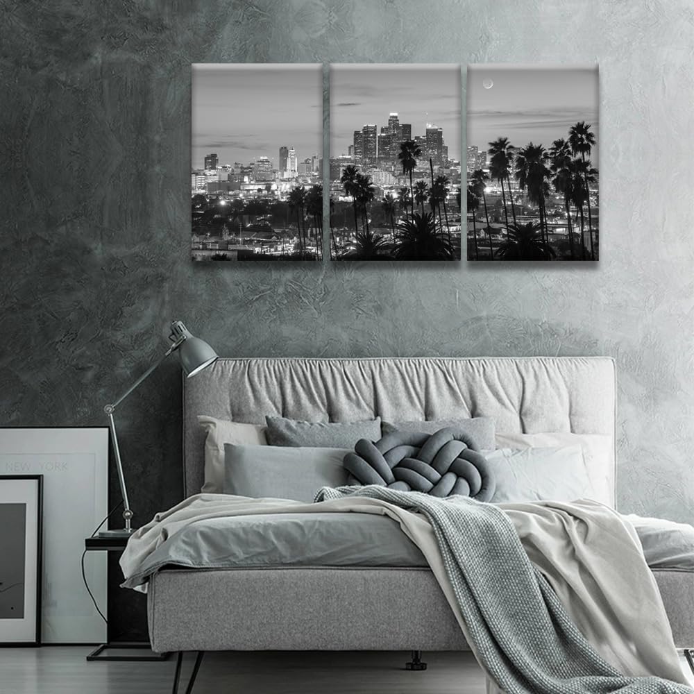 3 Piece California Skyline Black and White Wall, Los Angeles City Skyline Panorama at Dusk with Urban Skyscrapers