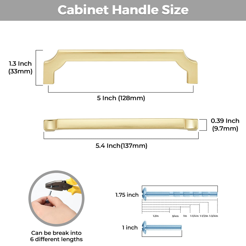 2 Pack Brushed Gold Cabinet Handles, 5" Solid Kitchen Drawer Pulls