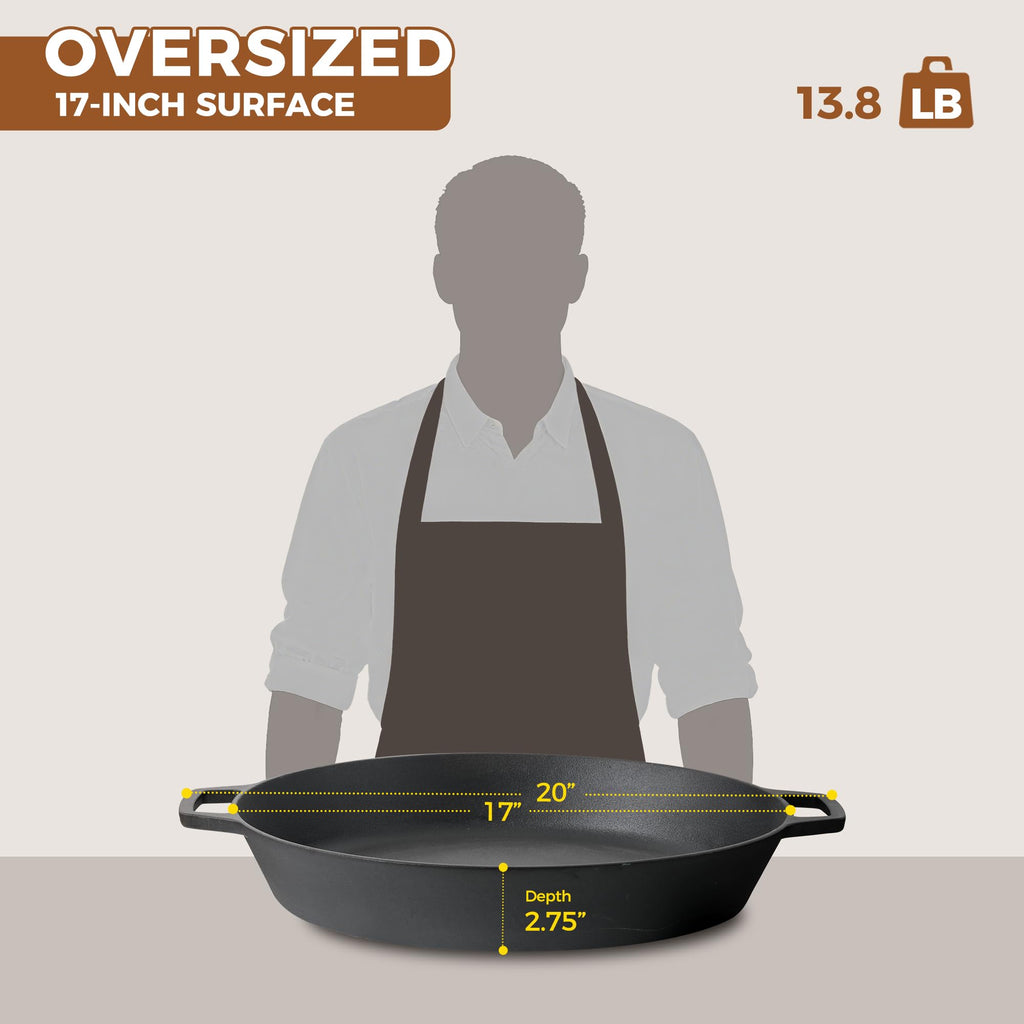 Pre-Seasoned Large Cast Iron Skillet 17 Inch, Dual Handle Outdoor Camping Frying Pan, Pizza Pan, Use for Grill