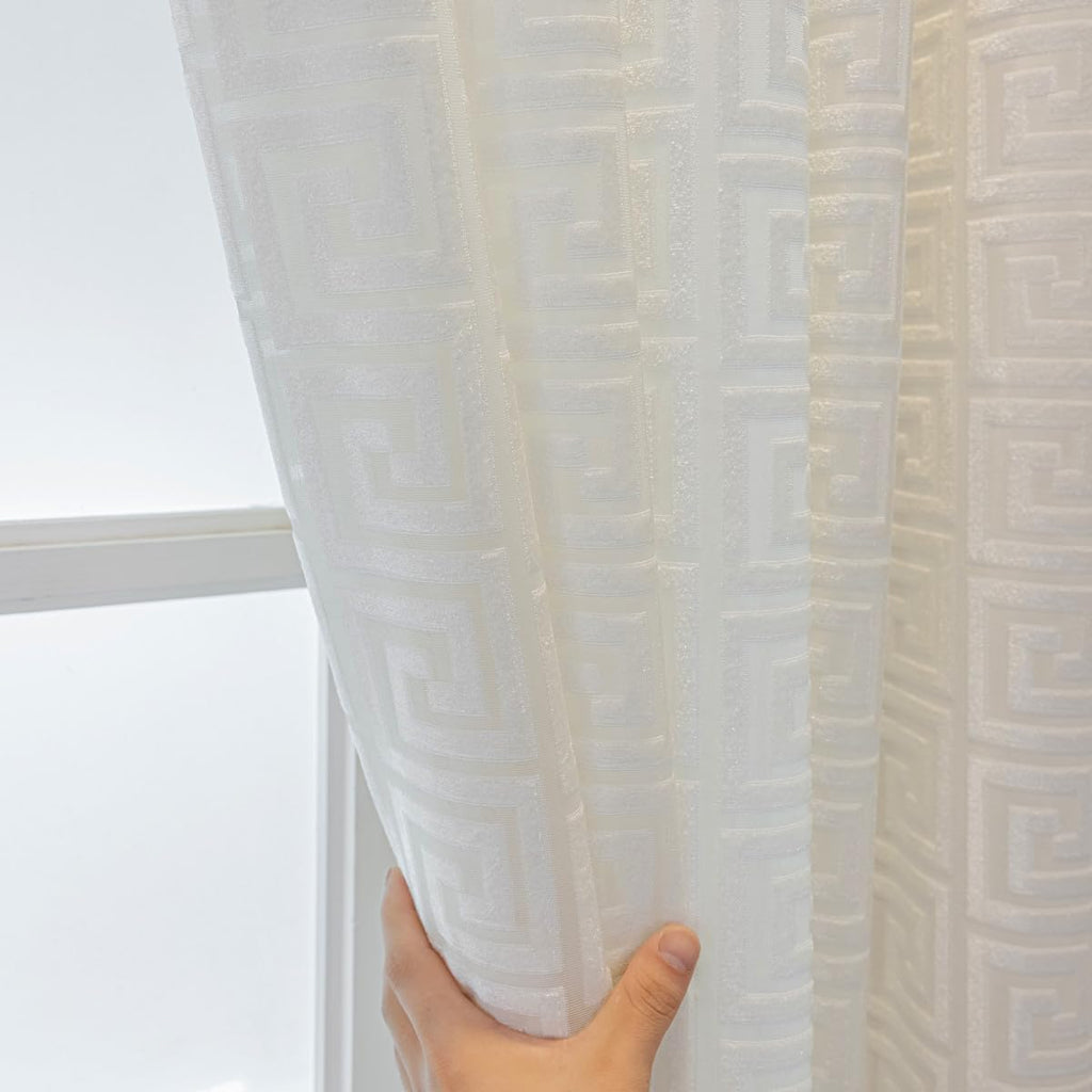 1 Pair Luxury Geometric Sheer Curtains for Living Room Jacquard Tulle Curtains for Bedroom (White,54x96 Inch)