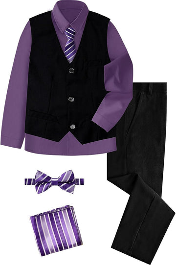 Boys 6 Piece Suit Shirt Vest Pant Pre-Tie Bowtie Pocket Square
