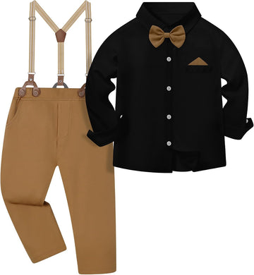 Boys Suits 3 Pieces Formal Dress Shirt with Bowtie+Suspender Pants Boy Gentleman Outfits Set