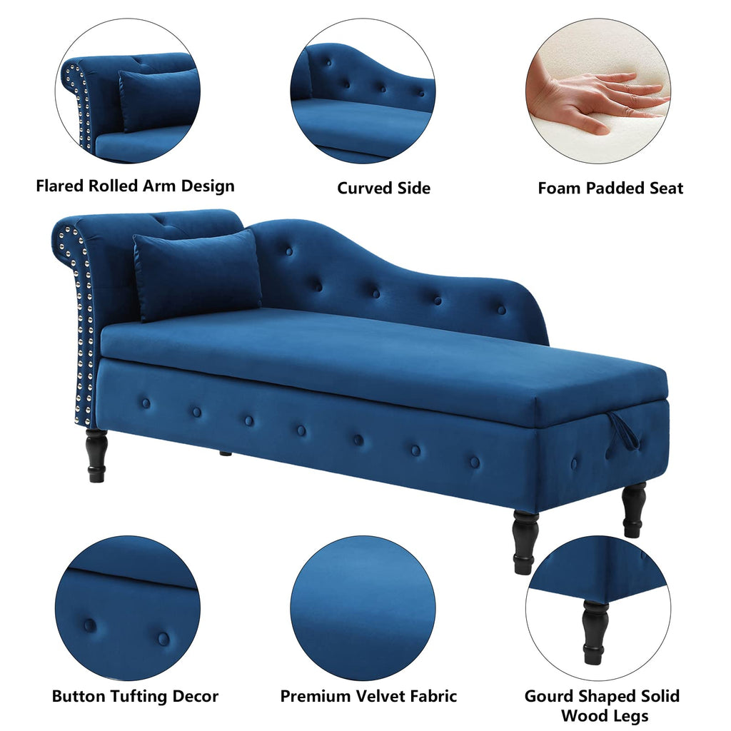 Velvet Indoor Chaise Lounge Chair with Storage Bedroom Office, Rolled Arm End of Bed Ottoman Bench, Tufted Chaise