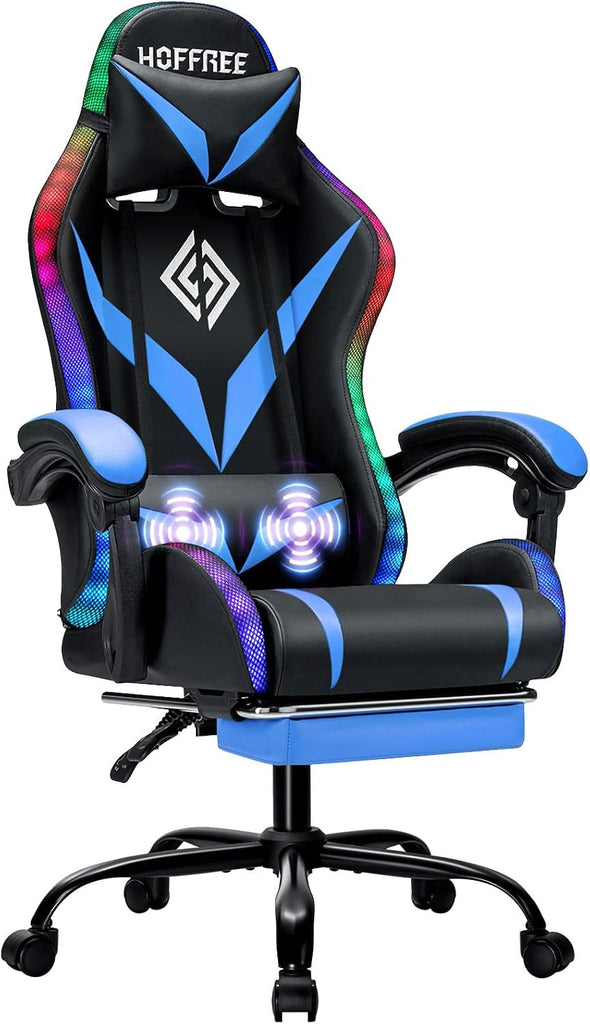 RGB Gaming Chair with Massage & Footrest Racing Style Computer Chair-Blue | Reclining Gamer Chair with LED Lights