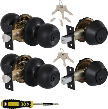 (2 Sets) All Keyed Same Entry Knobs&Single Cylinder Deadbolt Front Doors - Door Knob
