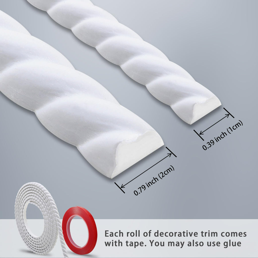 196.8" x 0.79" Peel and Stick Unfinished White Molding Trim with Twisted Rope Moulding, Flexible Decorative Strip