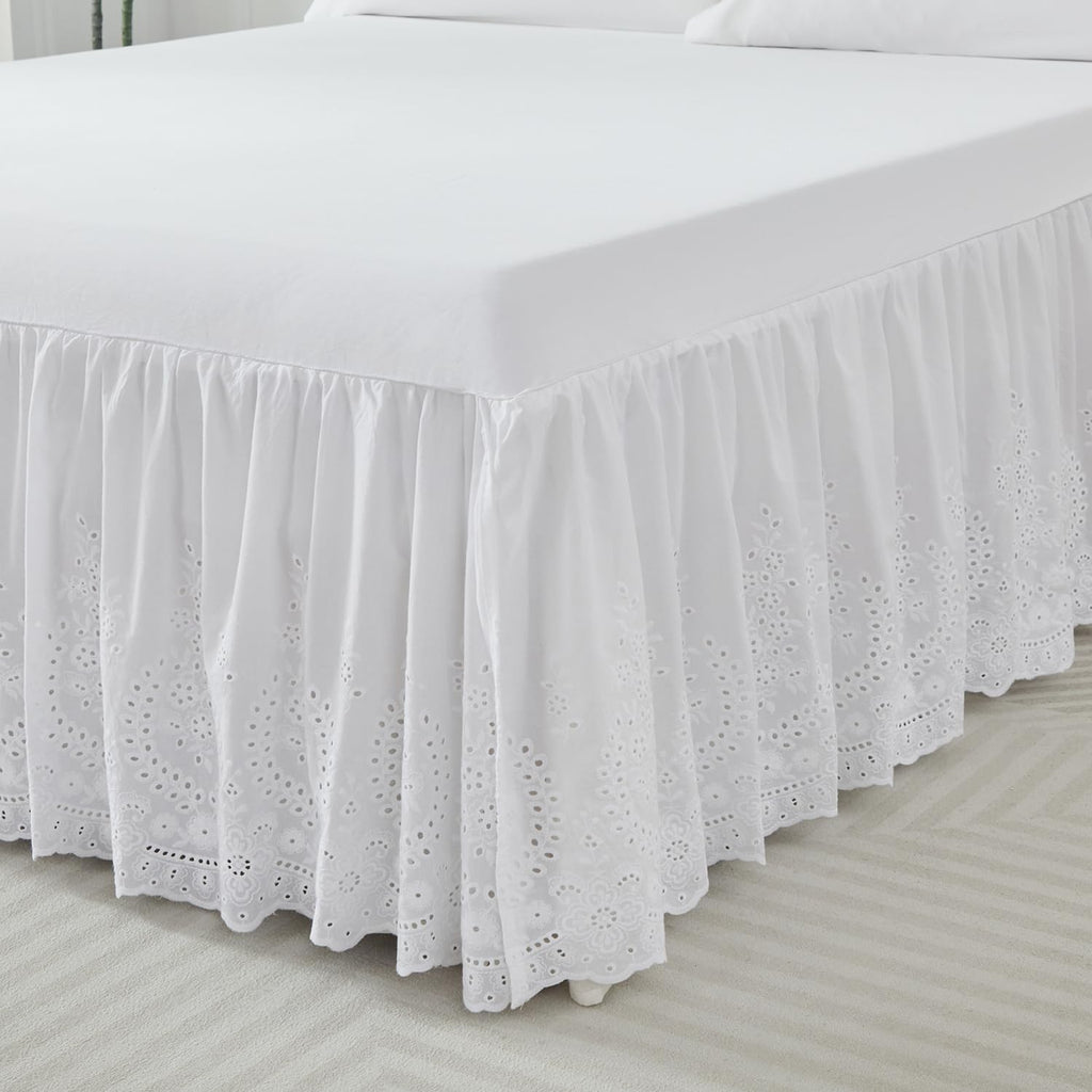 White Eyelet Bed Skirt Queen Size 100% Cotton Ruffled Dust Ruffle Bed Skirt 18 Inch Drop with Embroidered Floral
