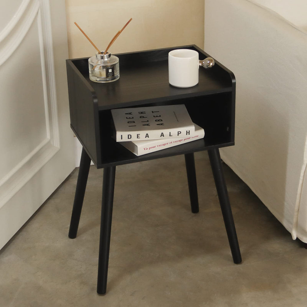 Nightstand, Mid Century Black Side Table Bedroom with Storage