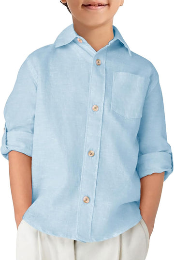 Boys Linen Button Down Dress Shirt Long Sleeve Tops