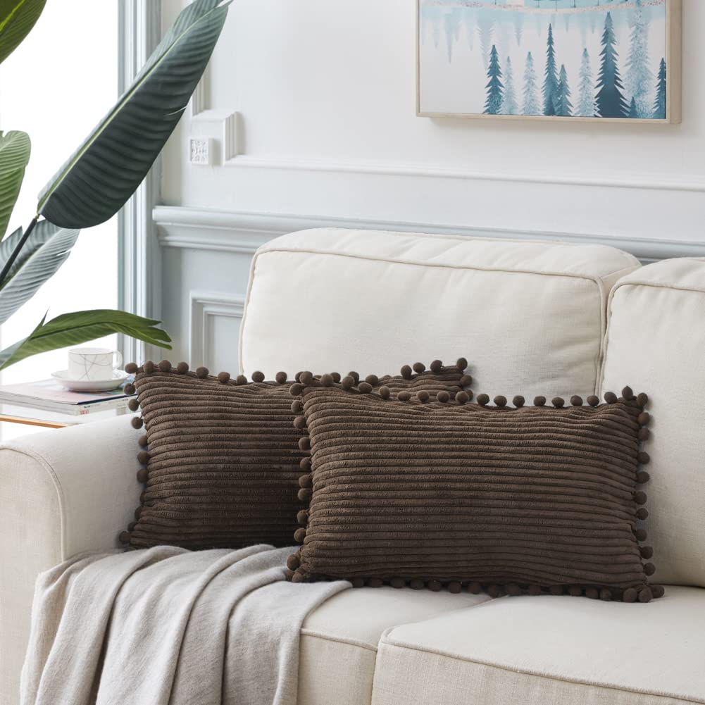 2 Pack Dark Brown Lumbar Decorative Throw Pillow Covers 12x20 Inch with Pom-poms for Couch Bedroom, Soft Corduroy
