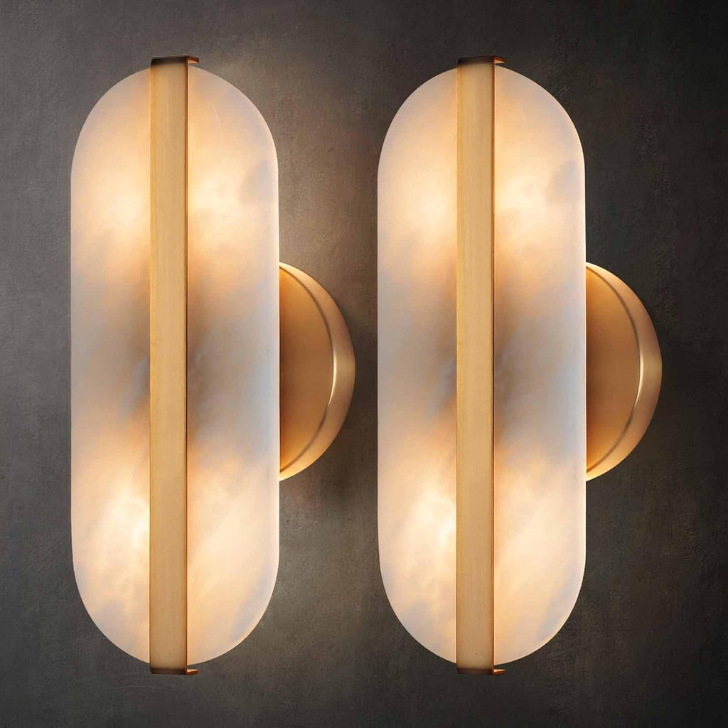 Natural Alabaster Wall Sconces Set of Two Marble Wall Sconces Gold Bathroom Vanity Wall Light Fixtures Modern Oval