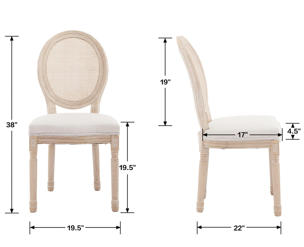 Farmhouse Dining Chairs Set of 2, Round Rattan Back French Country Dining Room Chairs Vintage Fabric Upholstered