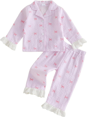 Toddler Baby Girl Pajamas Set Fall Winter Bow Long Sleeve Button Down Shirt Top and Pants 2Pcs Pjs Sets Sleepwear