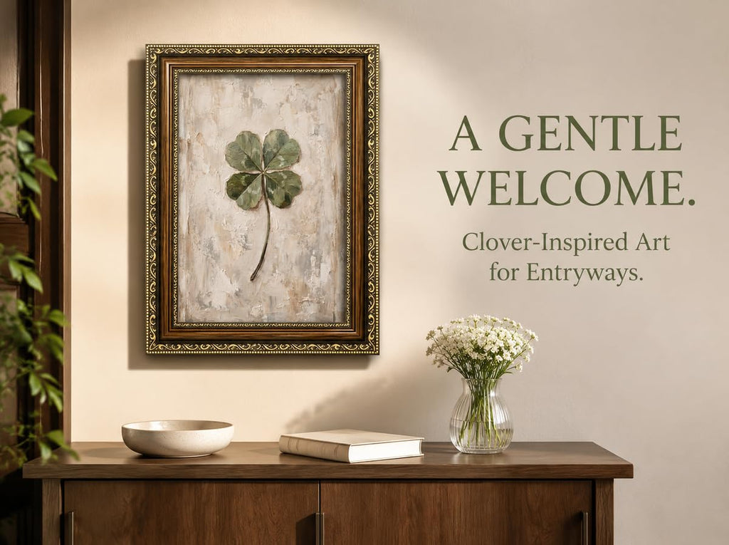 Vintage Framed Four Leaf Clover Wall Art Green Shamrock Botanical Wall Decor Rustic Neutral Green Plant Painting