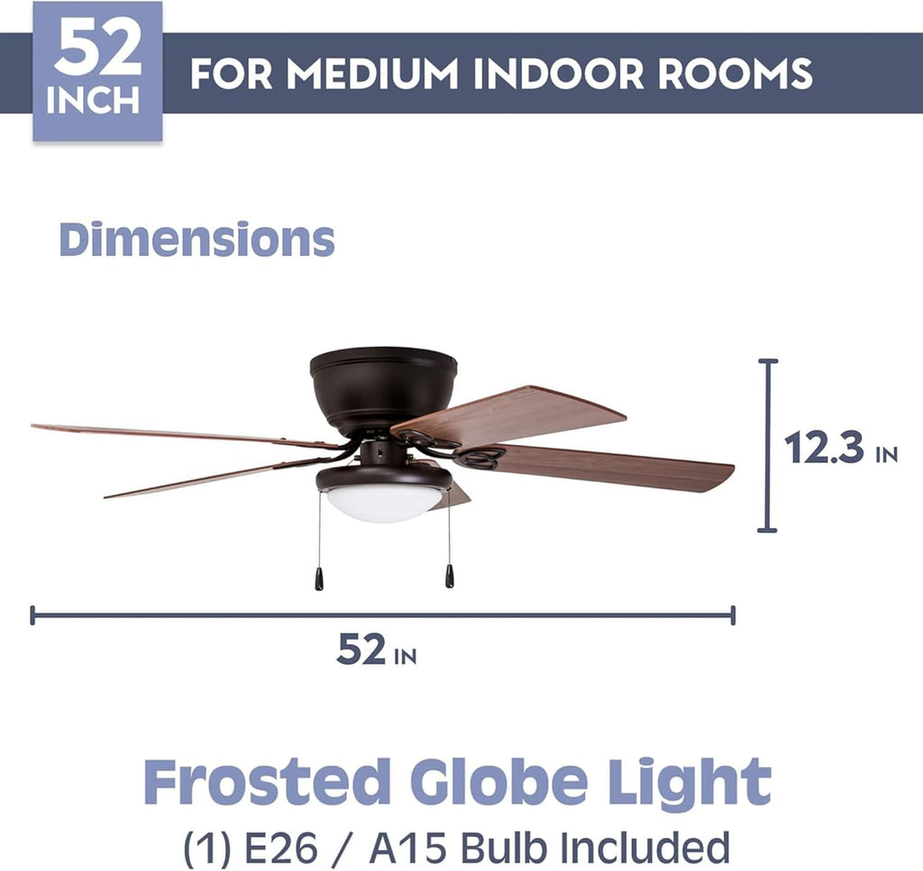 Benton Traditional 52 Inch Ceiling Fan with Light, LED Flush Mount Ceiling Fan, Indoor Fan with 5 Blades