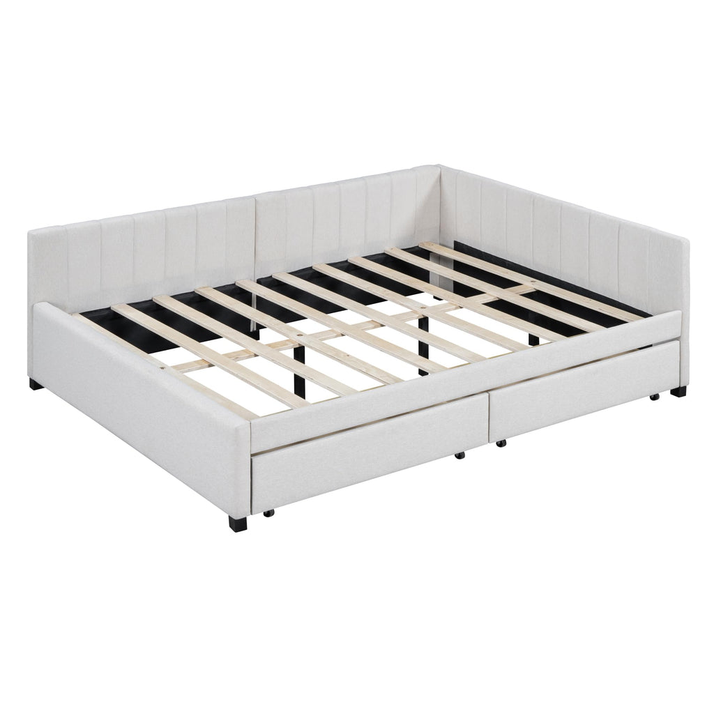 Upholstered Daybed with 2 Storage Drawers, Full Size Sofa Bed Frame, No Box Spring Needed, Linen Fabric, Beige