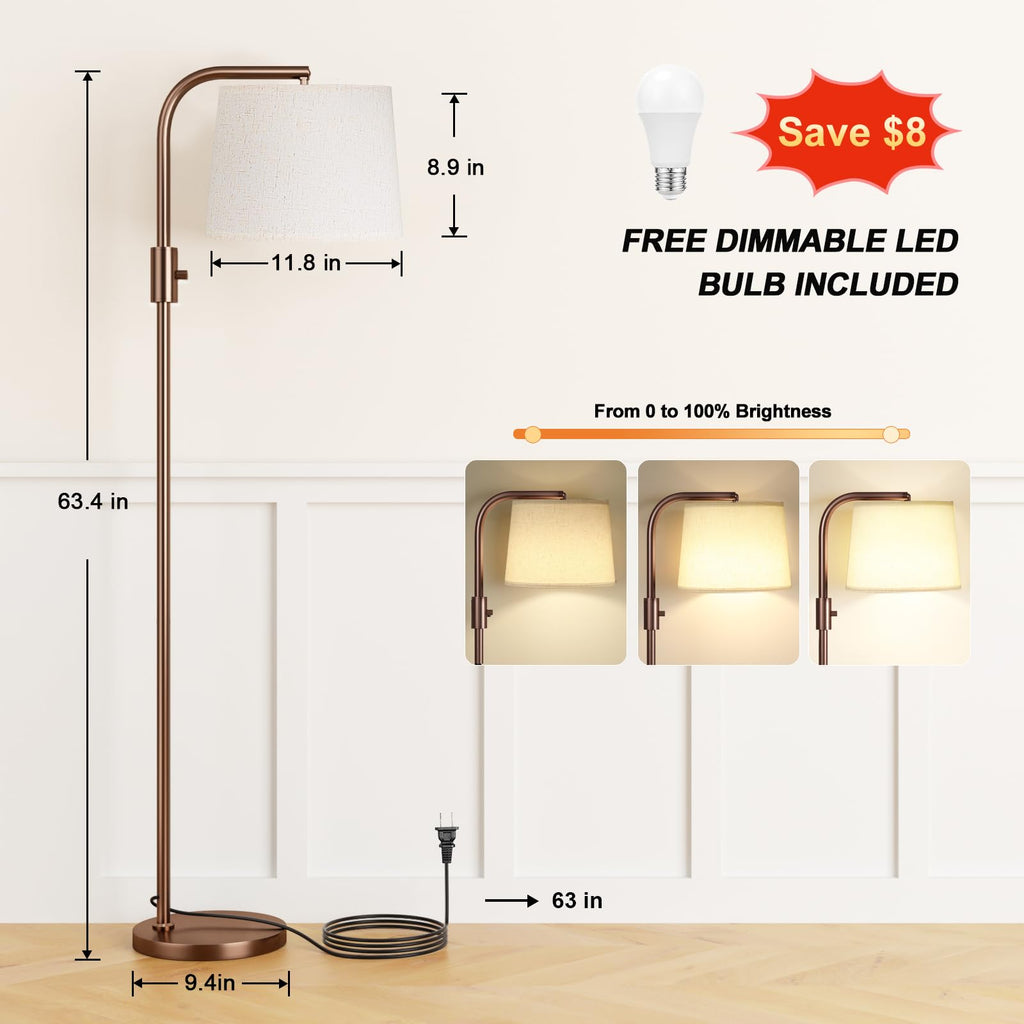 Fully Dimmable Floor Lamp with 9W LED Bulb, Standing Lamp with Adjustable Head, Modern Tall Light with Rotary Switch