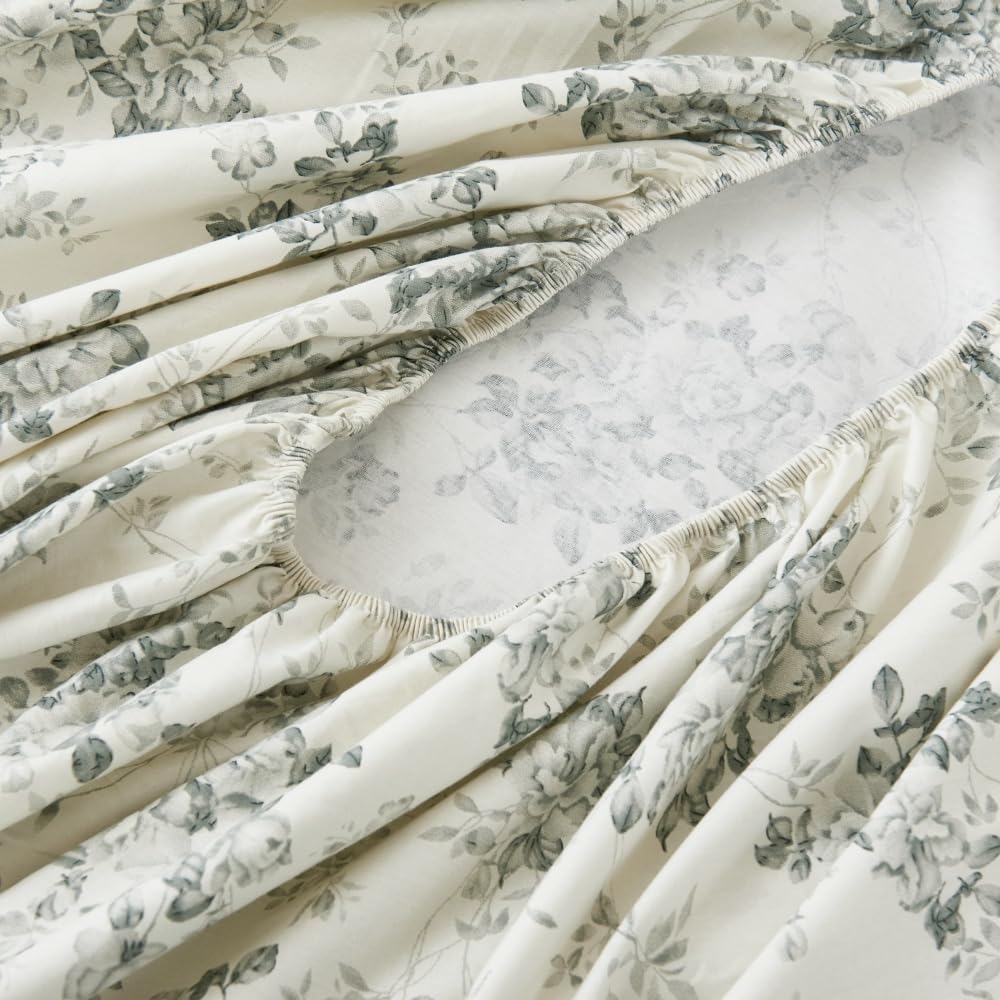 Split King Cotton Sheets Set Printed Bedding Sets, Bedlinen for Mattress Up to 14" Deep, Toile Rose Floral Pattern