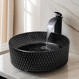 Black Crystal Bathroom Vessel Sink with Waterfall Faucet and Drain Combo,16 Inch Diamond Shaped Tempered Glass Sink
